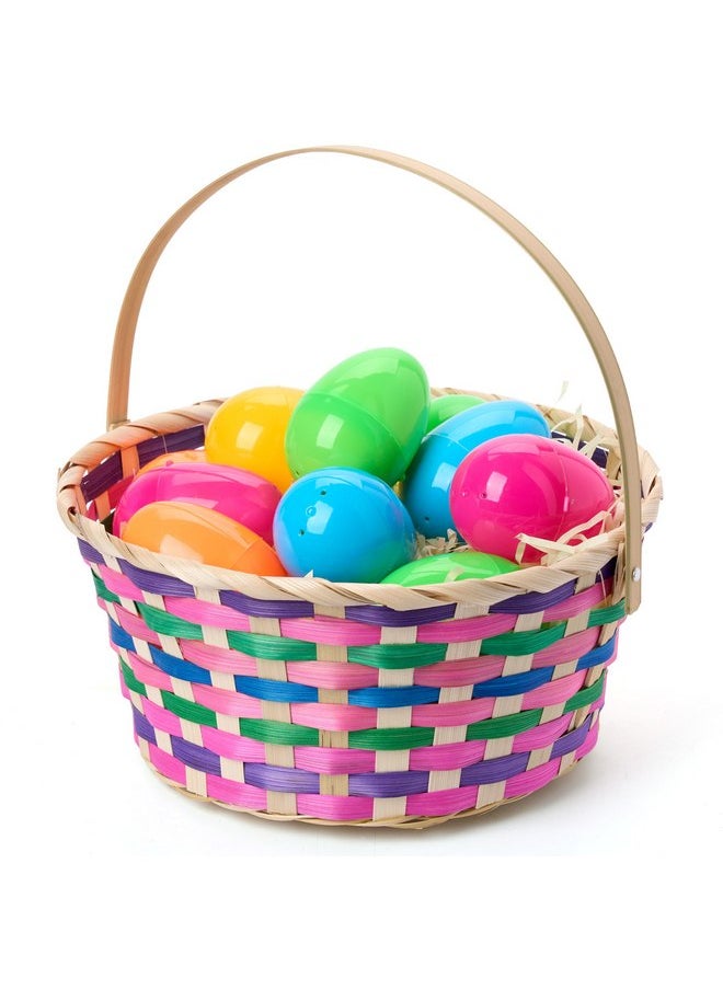 JOYIN Easter Basket, Colorful Round Woven Goodie Basket with Folding Handle, Empty Gift Basket for Girls Boys Easter Egg Hunt, Kids Easter Party Treats, Filled with Party Favors