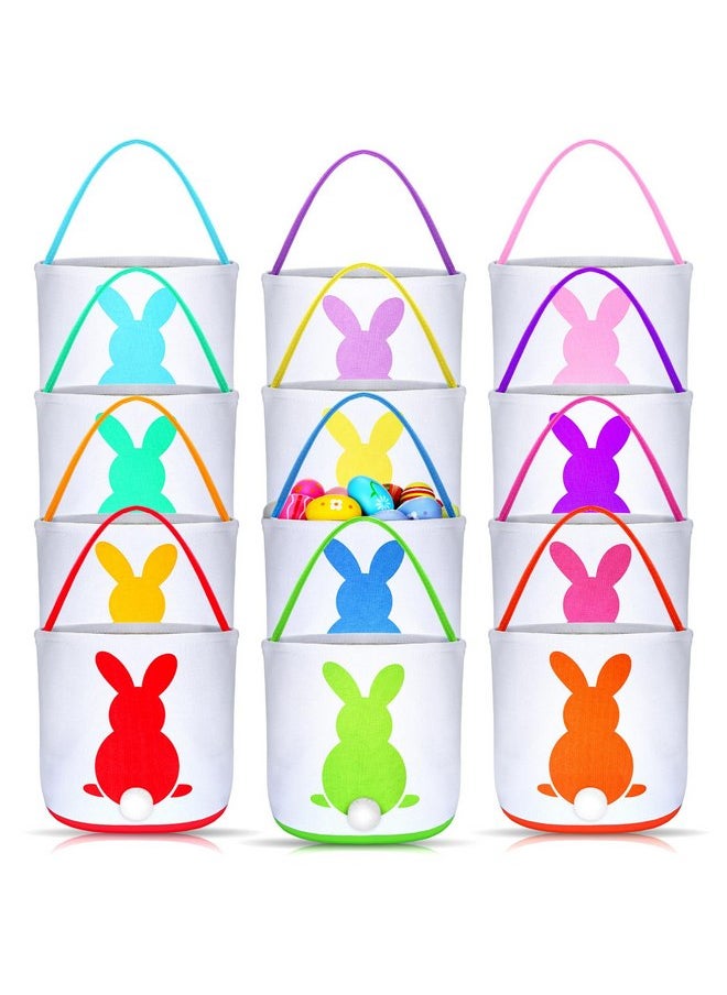 Jexine 12 Pcs Easter Bunny Basket Bags Bulk for Kids Gift Bucket Easter Eggs Hunt Basket with Handle Bunny Tote Bag Carry Bucket Rabbit Fluffy Tails Bags for Easter Party Decorations (Colorful Style)