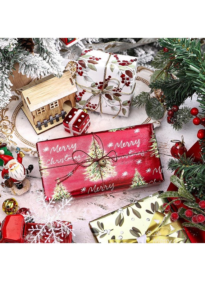 Christmas Wrapping Paper - Green And Red Christmas Tree, Berry Leaves And Text Design With Metallic Foil Shine - 4 Rolls - 30 Inches X 10 Feet Per Roll