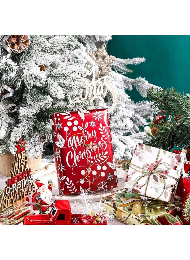Christmas Wrapping Paper - Green And Red Christmas Tree, Berry Leaves And Text Design With Metallic Foil Shine - 4 Rolls - 30 Inches X 10 Feet Per Roll