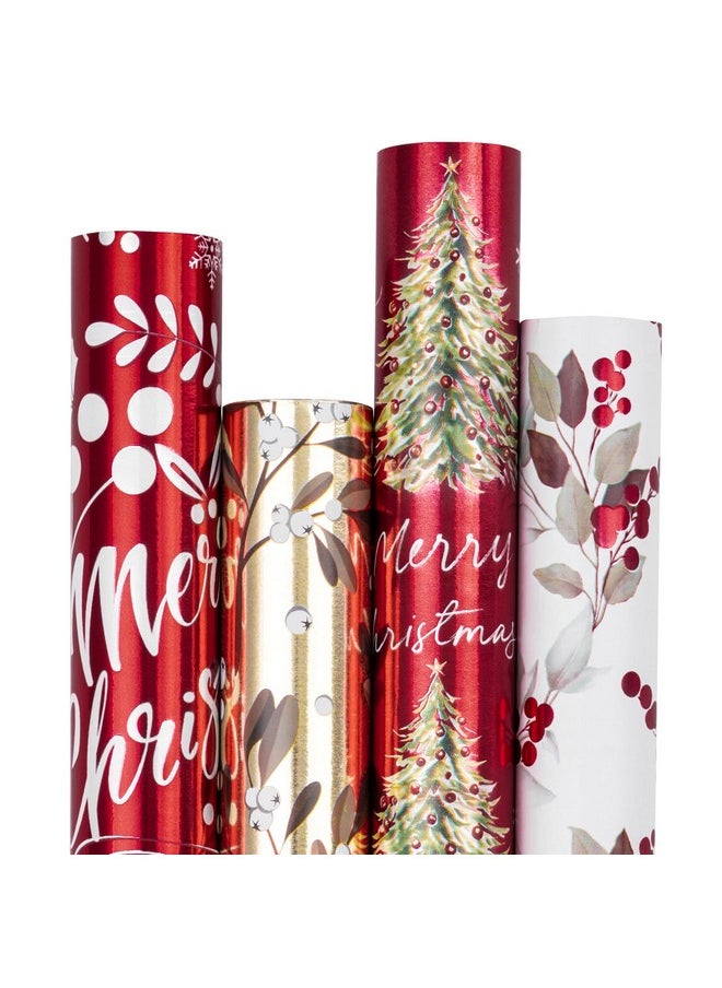 Christmas Wrapping Paper - Green And Red Christmas Tree, Berry Leaves And Text Design With Metallic Foil Shine - 4 Rolls - 30 Inches X 10 Feet Per Roll