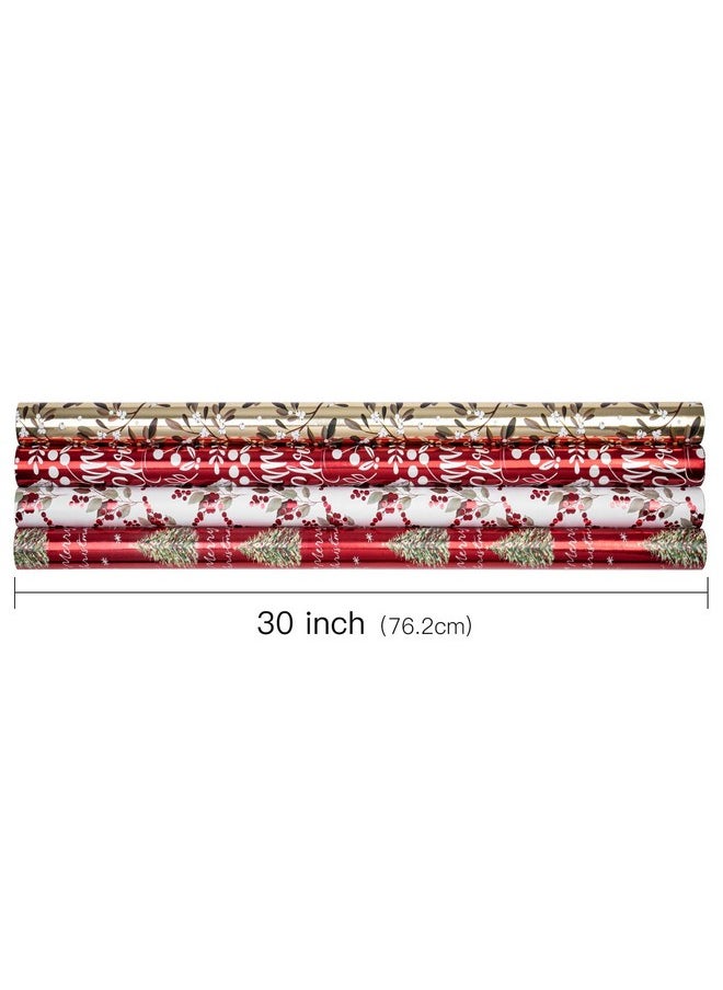 Christmas Wrapping Paper - Green And Red Christmas Tree, Berry Leaves And Text Design With Metallic Foil Shine - 4 Rolls - 30 Inches X 10 Feet Per Roll