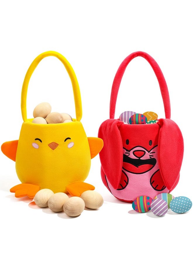 JOYIN 2 Pcs Plush Easter Basket, Cute Bunny & Chicken Basket with Handles for Baby Kids Easter Egg Hunting, Party Supplies, Decorations, Candy Gifts Storage