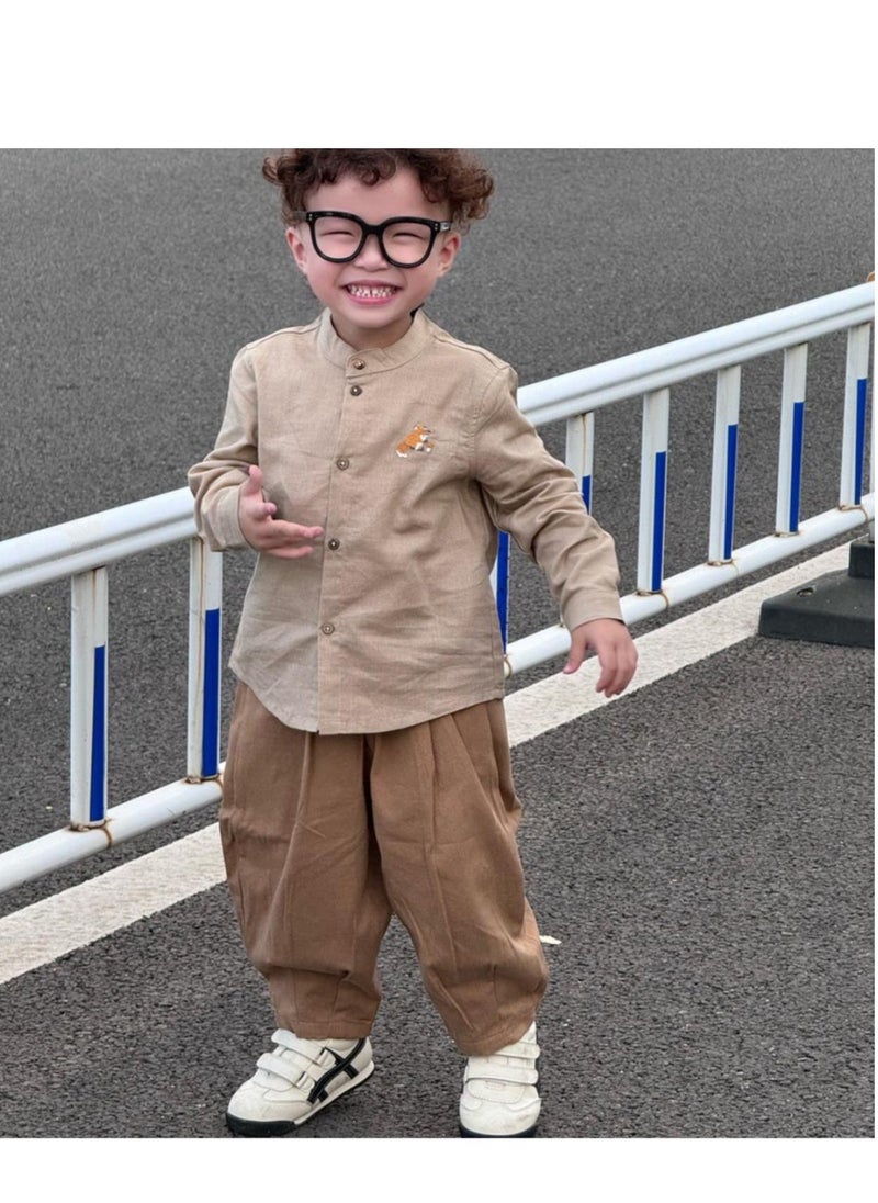 Children's Embroidered Long Sleeved Cotton Shirt Top+Pants Set