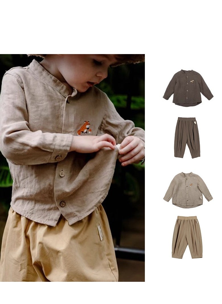 Children's Embroidered Long Sleeved Cotton Shirt Top+Pants Set