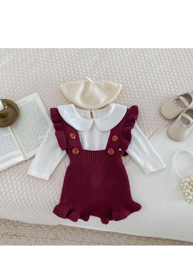Baby And Toddler Style Sweet Ruffled Overalls+Lace Top+Hat Set
