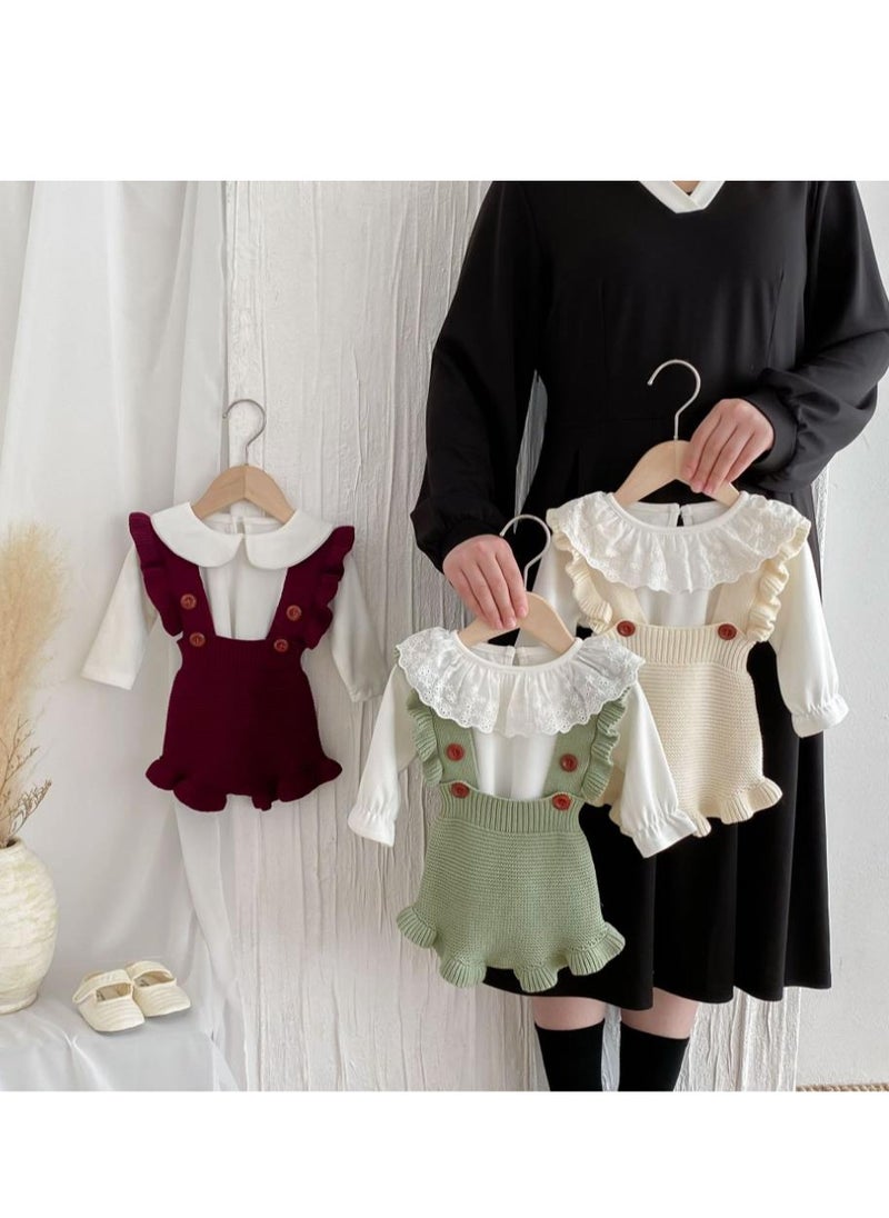 Baby And Toddler Style Sweet Ruffled Overalls+Lace Top+Hat Set