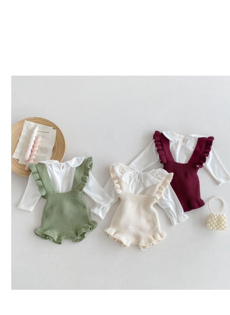 Baby And Toddler Style Sweet Ruffled Overalls+Lace Top+Hat Set