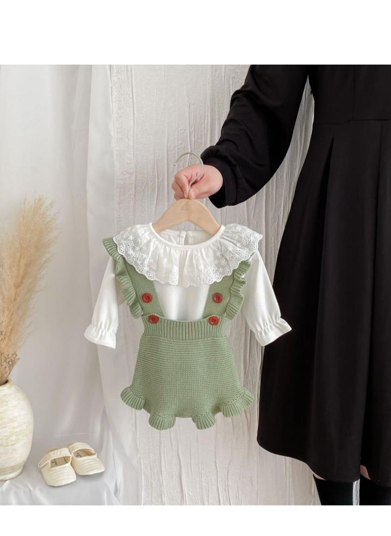 Baby And Toddler Style Sweet Ruffled Overalls+Lace Top+Hat Set