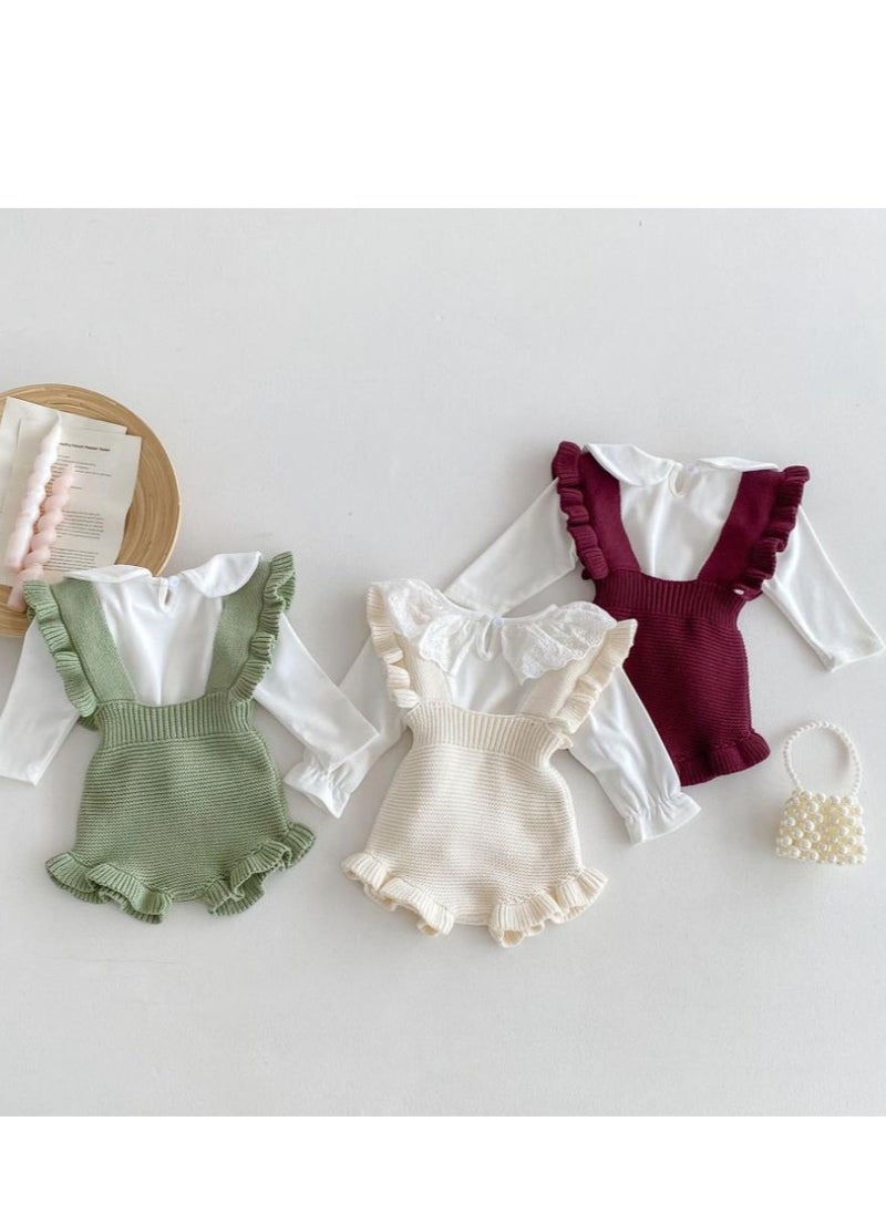 Baby And Toddler Style Sweet Ruffled Overalls+Lace Top+Hat Set