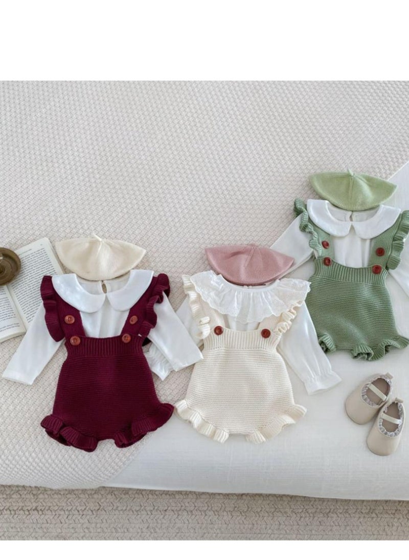 Baby And Toddler Style Sweet Ruffled Overalls+Lace Top+Hat Set