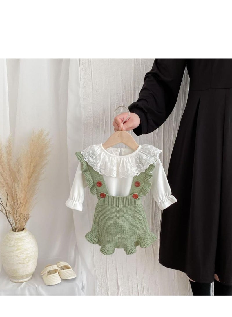 Baby And Toddler Style Sweet Ruffled Overalls+Lace Top+Hat Set