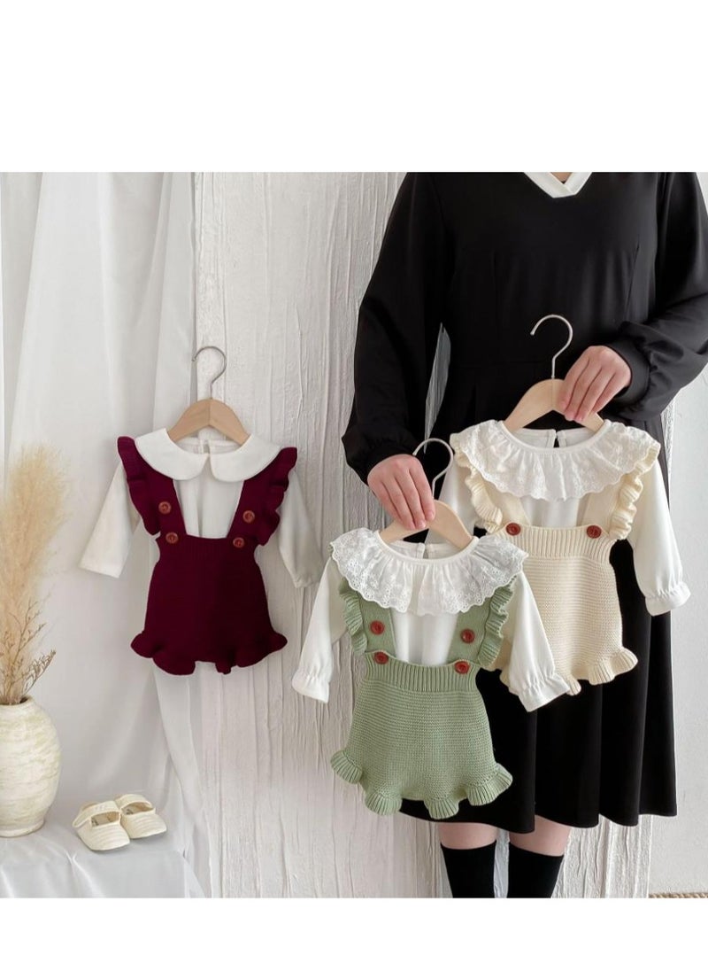 Baby And Toddler Style Sweet Ruffled Overalls+Lace Top+Hat Set