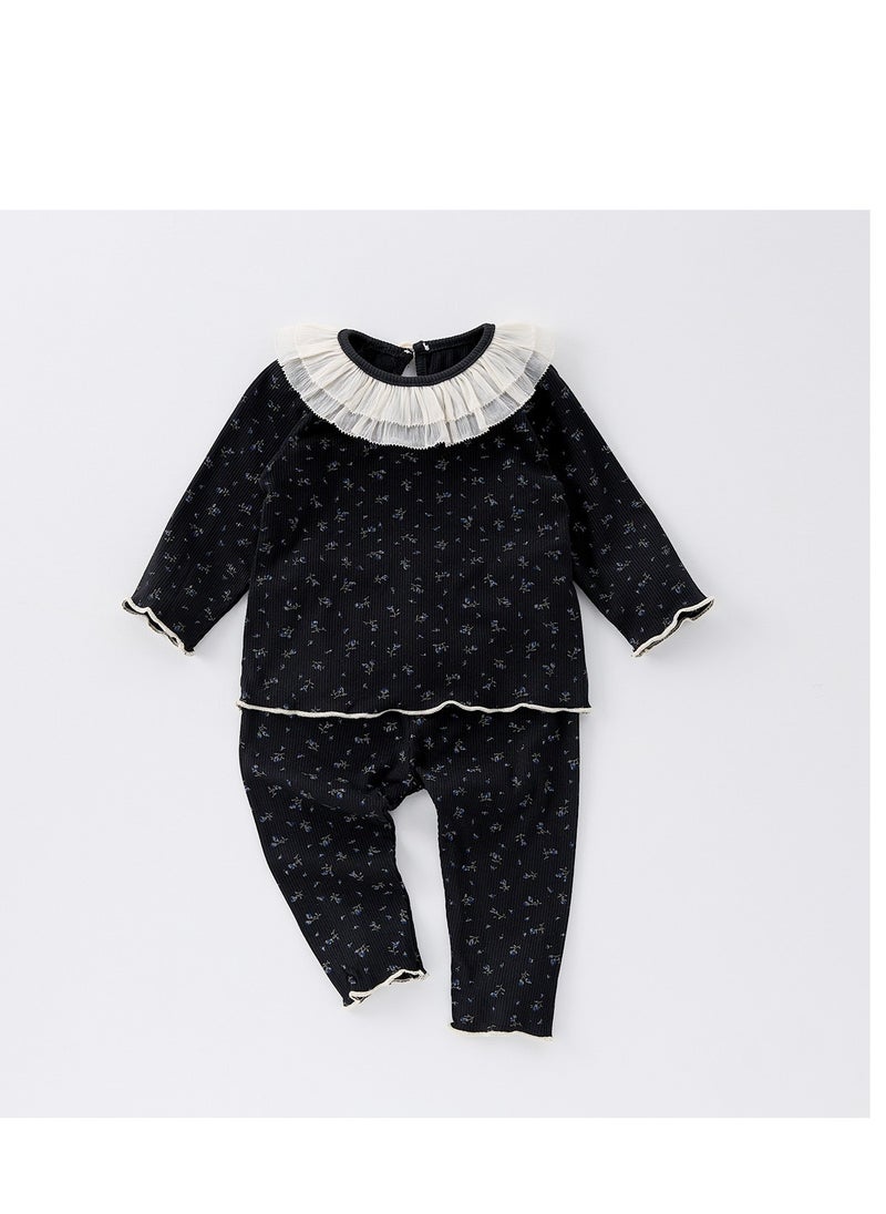 Baby Retro Floral Lace Round Neck Home Suit Two-Piece Set