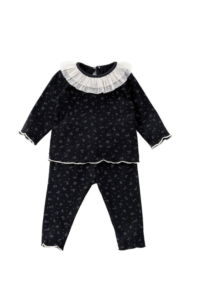 Baby Retro Floral Lace Round Neck Home Suit Two-Piece Set