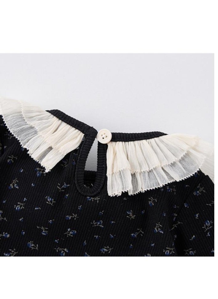 Baby Retro Floral Lace Round Neck Home Suit Two-Piece Set