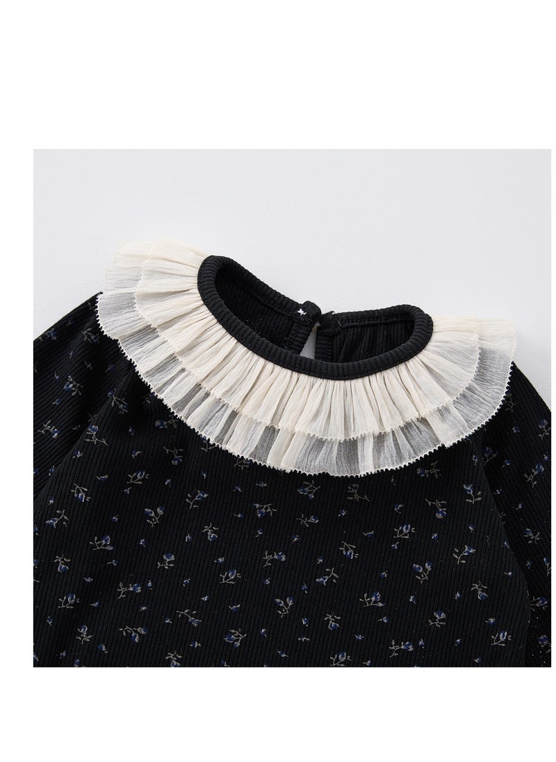 Baby Retro Floral Lace Round Neck Home Suit Two-Piece Set