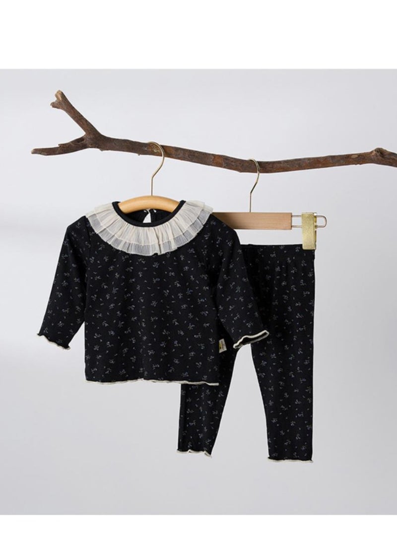 Baby Retro Floral Lace Round Neck Home Suit Two-Piece Set