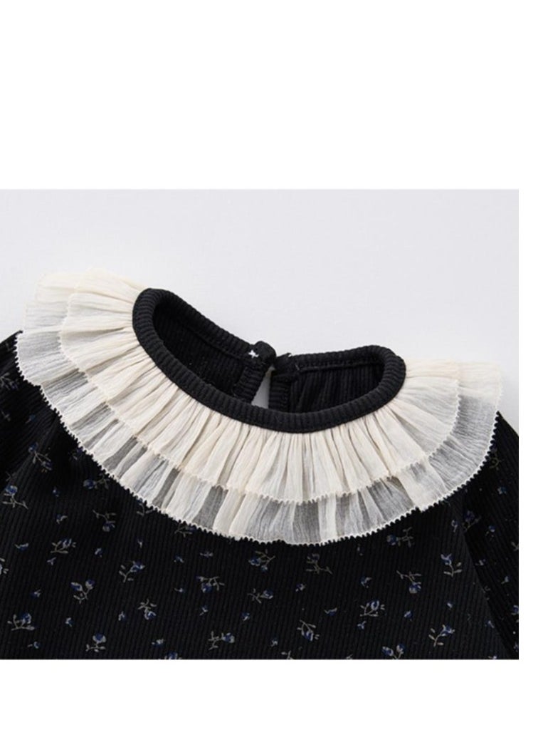 Baby Retro Floral Lace Round Neck Home Suit Two-Piece Set