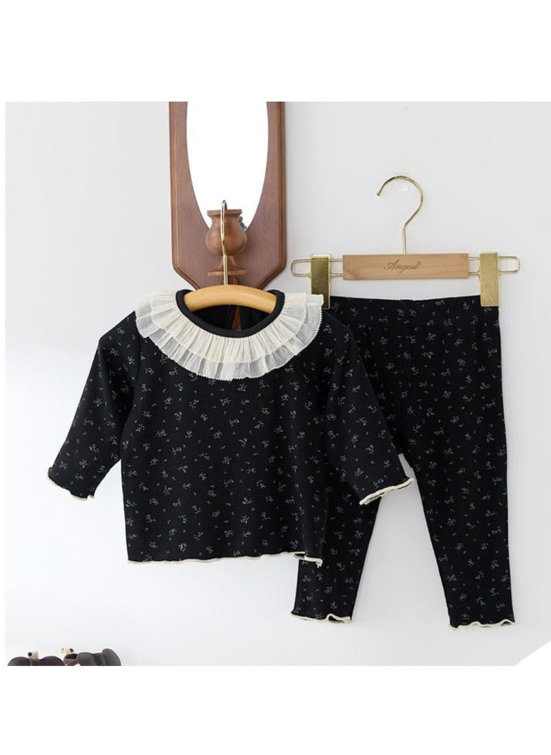 Baby Retro Floral Lace Round Neck Home Suit Two-Piece Set