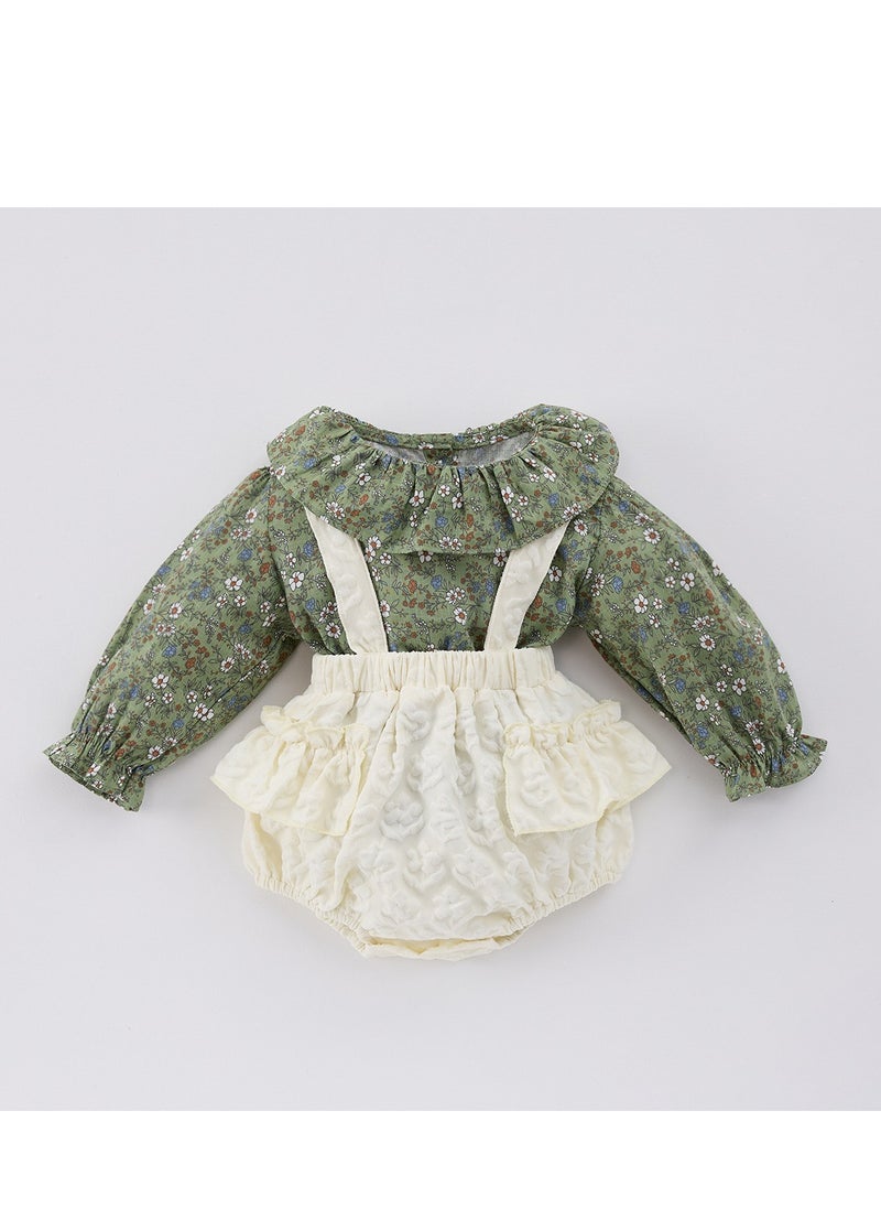 Baby Floral Long Sleeved Ruffle Collar Floral Base Shirt+Overalls Two-Piece Set