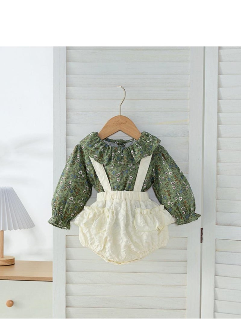 Baby Floral Long Sleeved Ruffle Collar Floral Base Shirt+Overalls Two-Piece Set
