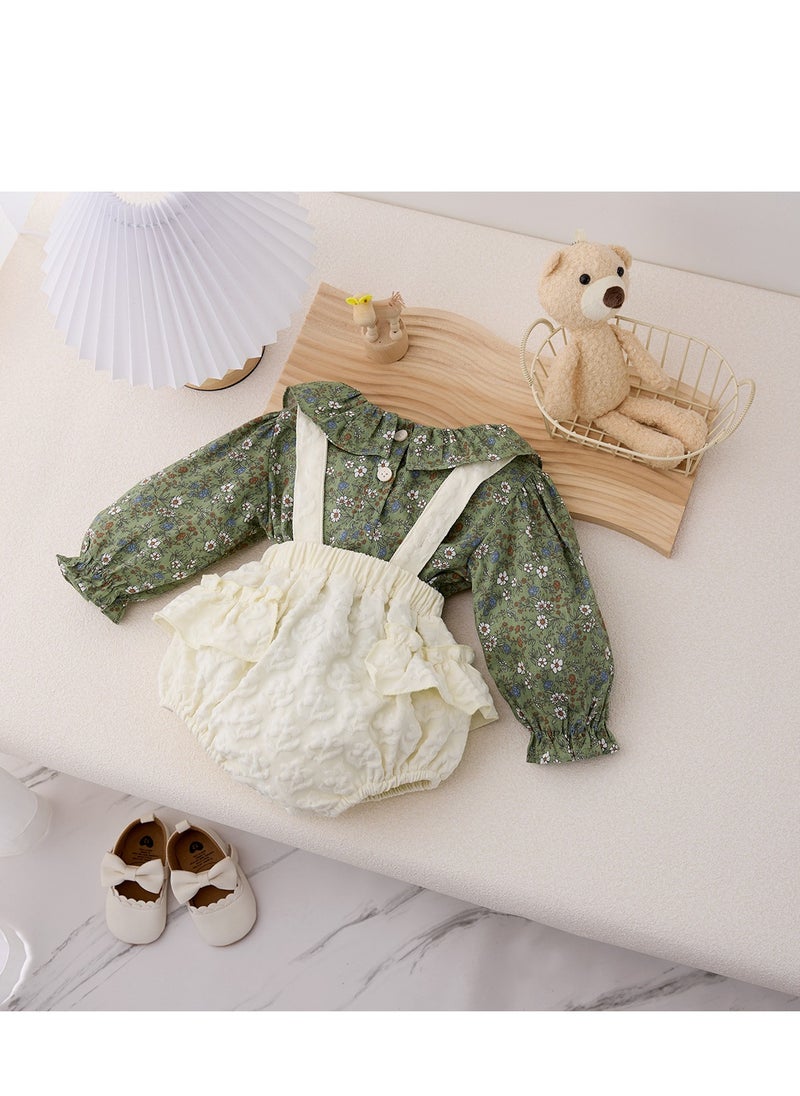 Baby Floral Long Sleeved Ruffle Collar Floral Base Shirt+Overalls Two-Piece Set