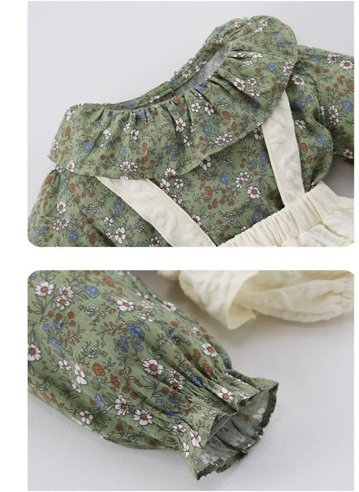 Baby Floral Long Sleeved Ruffle Collar Floral Base Shirt+Overalls Two-Piece Set