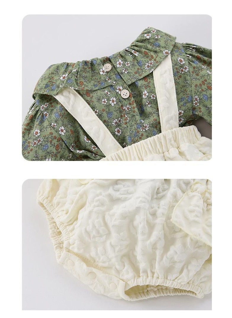 Baby Floral Long Sleeved Ruffle Collar Floral Base Shirt+Overalls Two-Piece Set