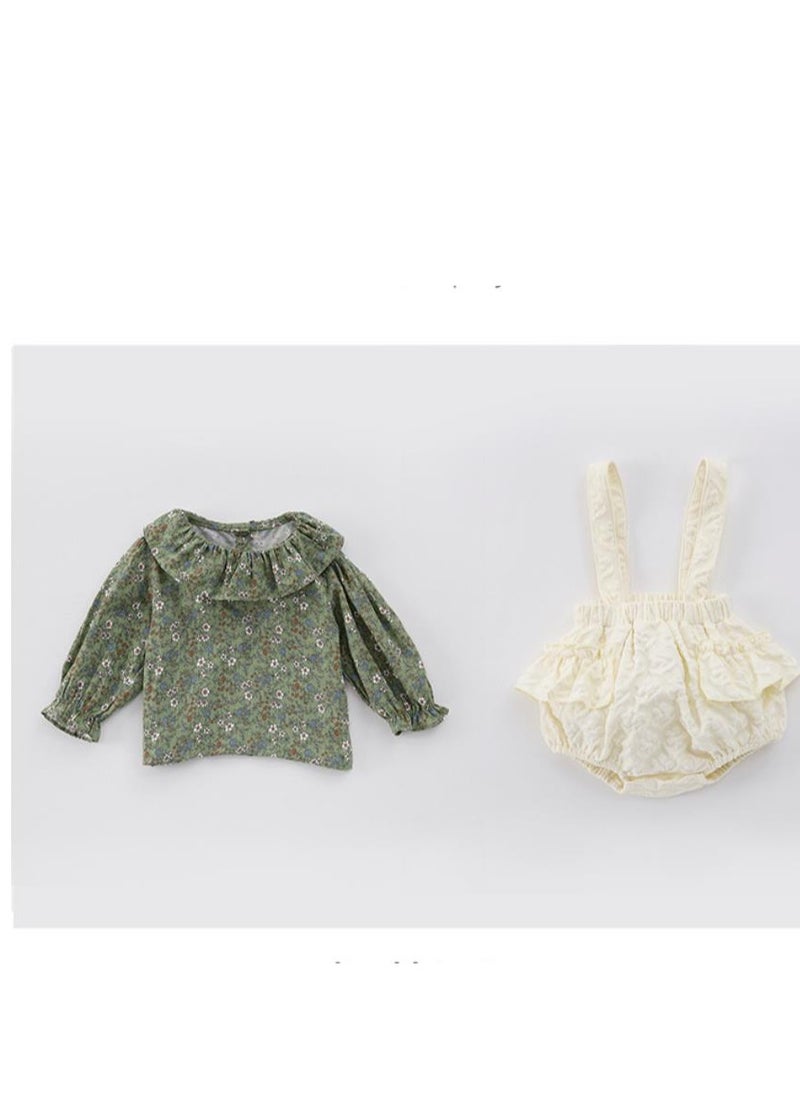 Baby Floral Long Sleeved Ruffle Collar Floral Base Shirt+Overalls Two-Piece Set