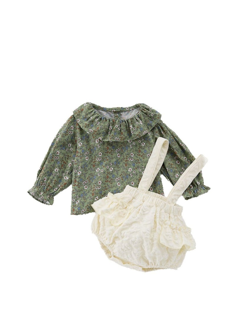 Baby Floral Long Sleeved Ruffle Collar Floral Base Shirt+Overalls Two-Piece Set