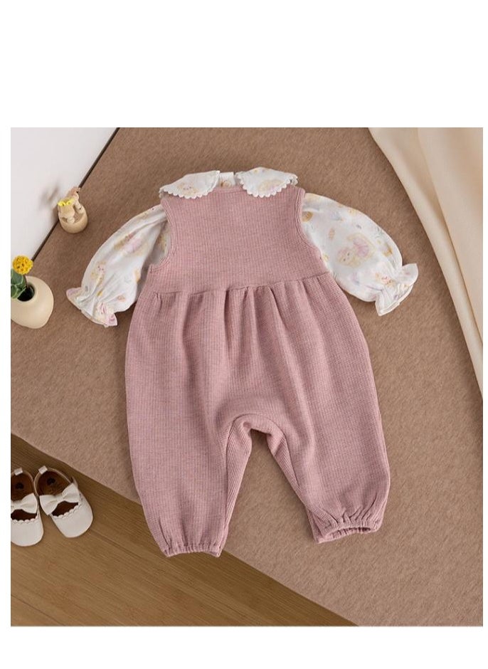 Sweet Floral Doll Embroidered Collar Shirt+Overalls Two-Piece Set