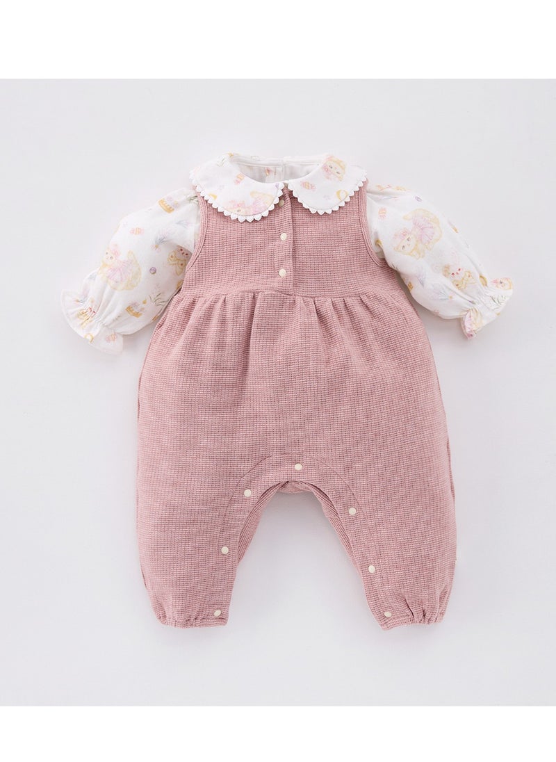 Sweet Floral Doll Embroidered Collar Shirt+Overalls Two-Piece Set