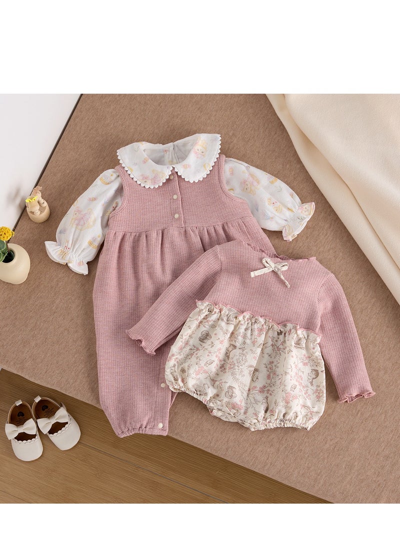 Sweet Floral Doll Embroidered Collar Shirt+Overalls Two-Piece Set