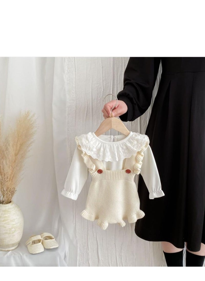 Baby And Toddler Style Sweet Ruffled Overalls+Lace Top+Hat Set