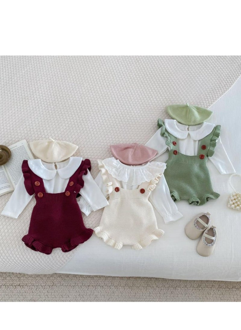 Baby And Toddler Style Sweet Ruffled Overalls+Lace Top+Hat Set