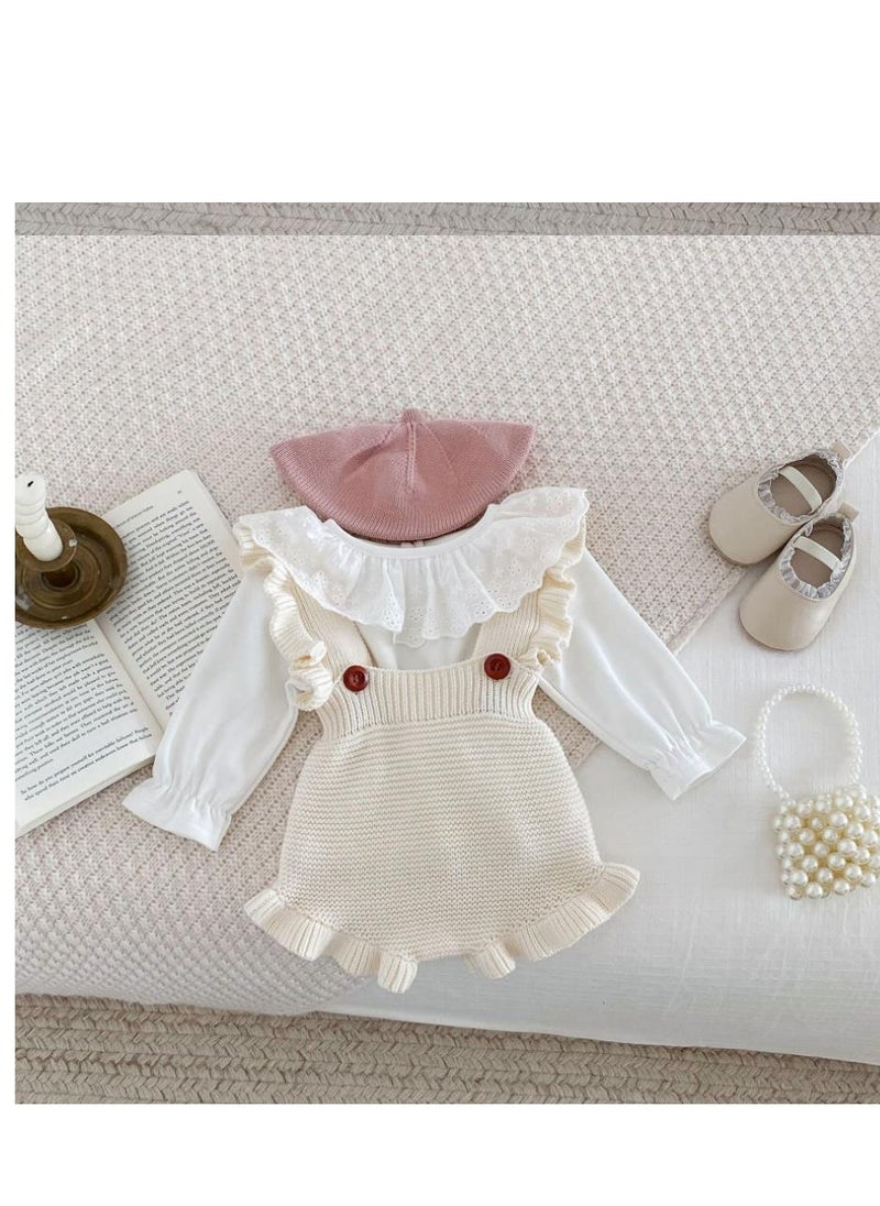 Baby And Toddler Style Sweet Ruffled Overalls+Lace Top+Hat Set