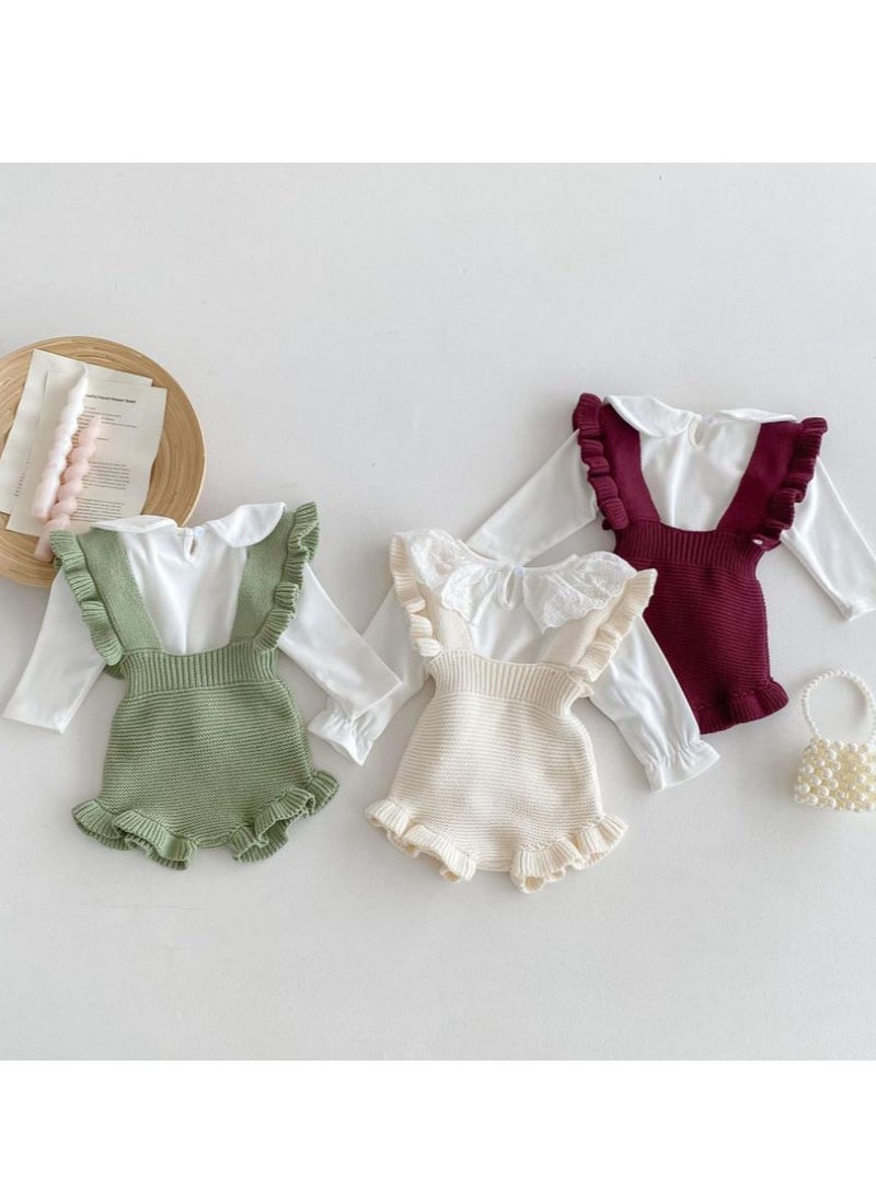 Baby And Toddler Style Sweet Ruffled Overalls+Lace Top+Hat Set