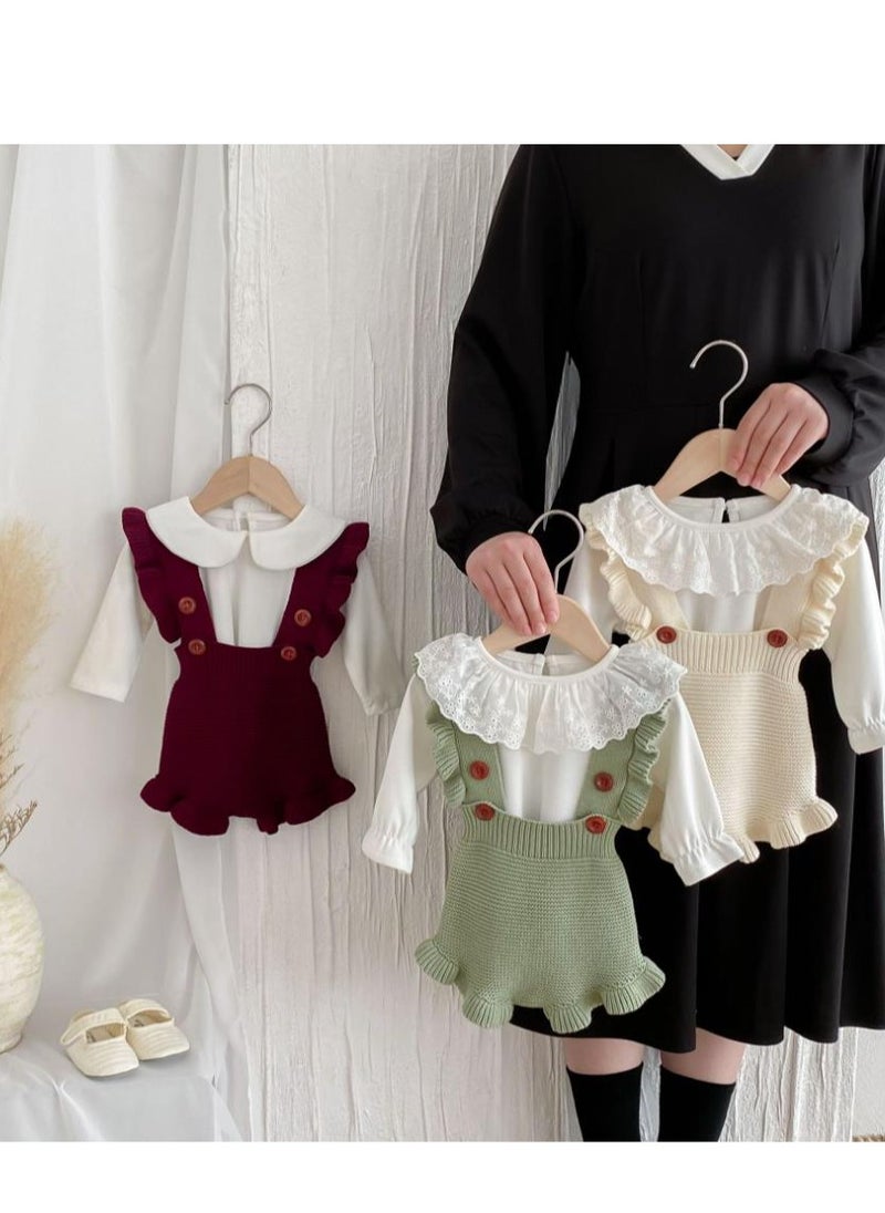 Baby And Toddler Style Sweet Ruffled Overalls+Lace Top+Hat Set