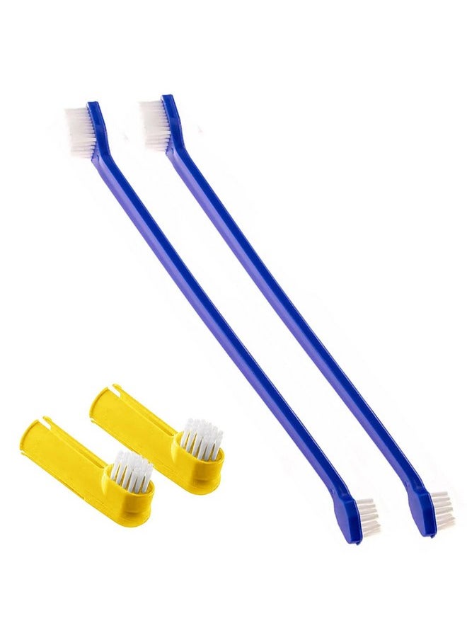 SunGrow Dog & Ferret Toothbrush Set of 4, 2 Long Dual-Headed Toothbrush and 2 Finger Brush, Blue and Yellow, Puppy, Cat, and Small Breed Dog Toothbrush, 9-Inches and 2.5-Inches