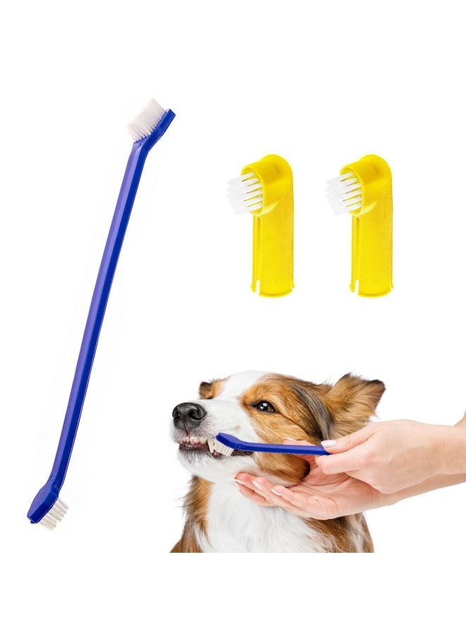 SunGrow Dog & Ferret Toothbrush Set of 4, 2 Long Dual-Headed Toothbrush and 2 Finger Brush, Blue and Yellow, Puppy, Cat, and Small Breed Dog Toothbrush, 9-Inches and 2.5-Inches