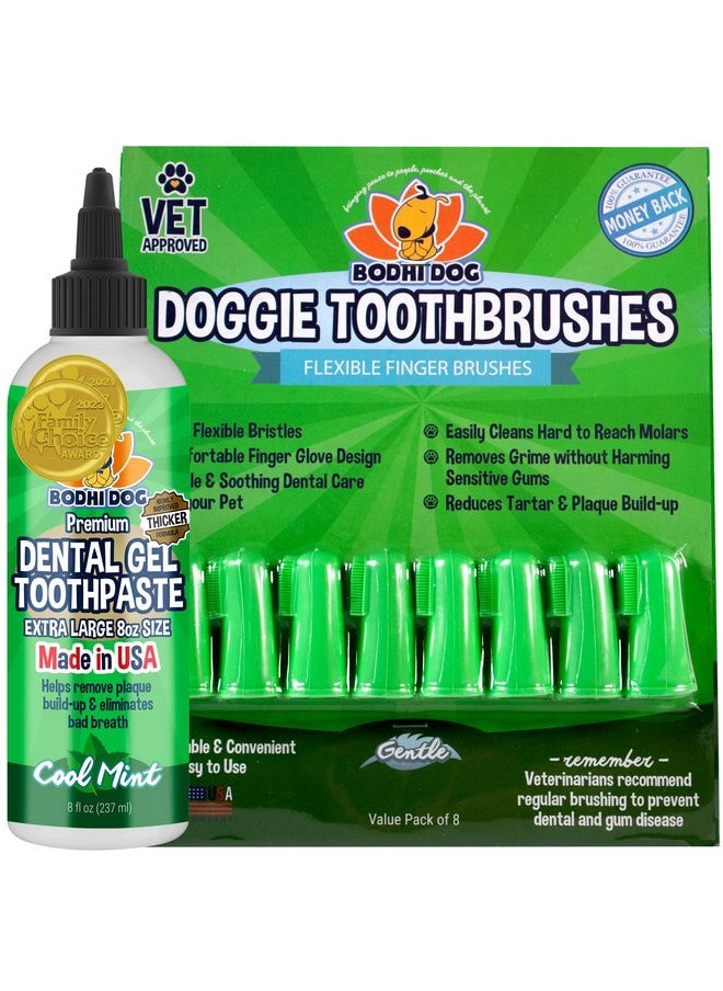 Bodhi Dog Dental Gel Reduces Tartar and Freshens Bad Breath + 8-Pack Gentle Disposable Finger Toothbrush | Soft & High-Grade Dog Toothbrush with Silicone Bristles | Oral Care or Dental Care Bundle