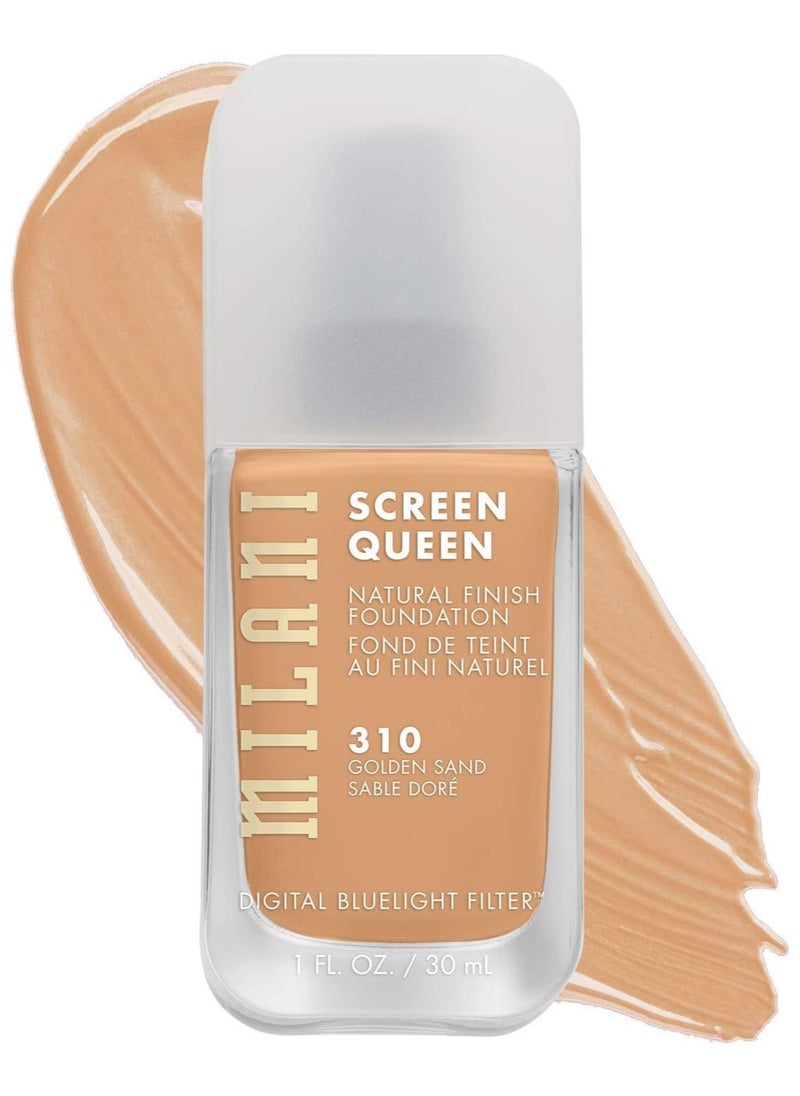 Milani Screen Queen Liquid Foundation Cruelty-Free, Blue Light Protection, Luminous Finish, Build-able Coverage, 310 Golden Sand 30ml