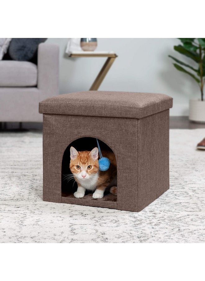 Furhaven Pet House for Indoor Cats & Small Dogs, Collapsible & Foldable w/ Plush Ball Toy - Living Room Footstool Cat Condo - Coconut Brown, Small