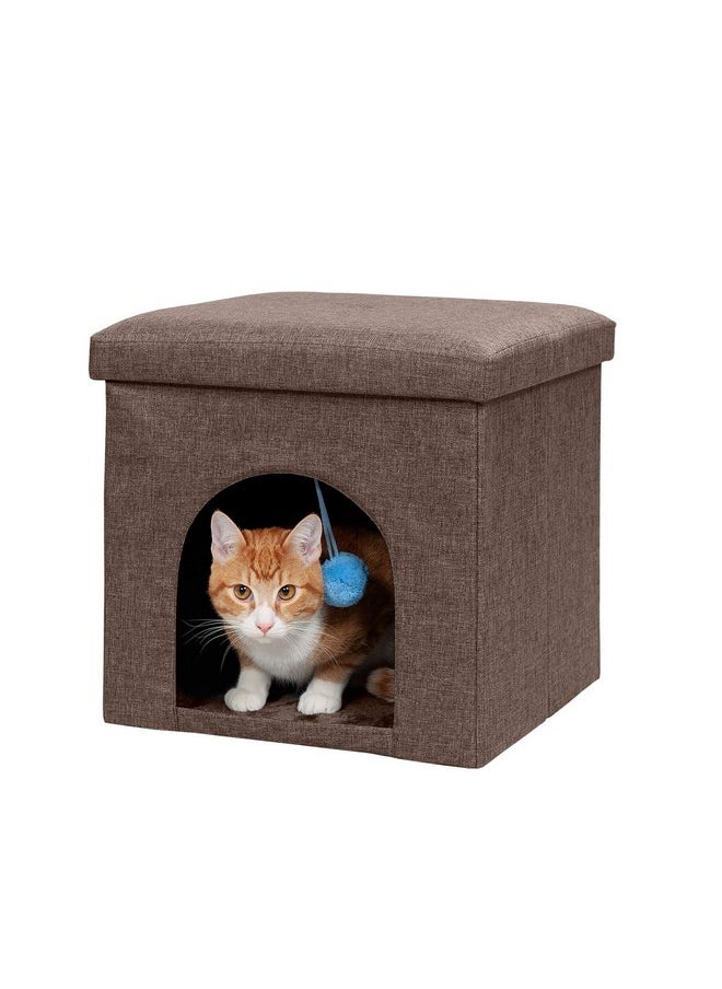 Furhaven Pet House for Indoor Cats & Small Dogs, Collapsible & Foldable w/ Plush Ball Toy - Living Room Footstool Cat Condo - Coconut Brown, Small