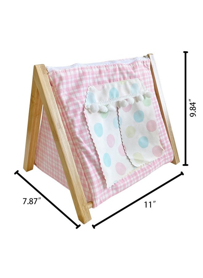 Portable Bamboo Stand Small Animal Bed Tents House Cave Habitat Hideout with Hidey Curtain for Hamster/Mice/Gerbil Rats/Hedgehog Nest Cushion Beds 2 Pillows (Pink)