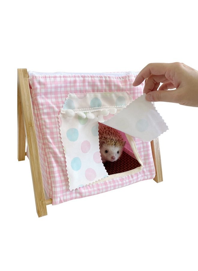 Portable Bamboo Stand Small Animal Bed Tents House Cave Habitat Hideout with Hidey Curtain for Hamster/Mice/Gerbil Rats/Hedgehog Nest Cushion Beds 2 Pillows (Pink)