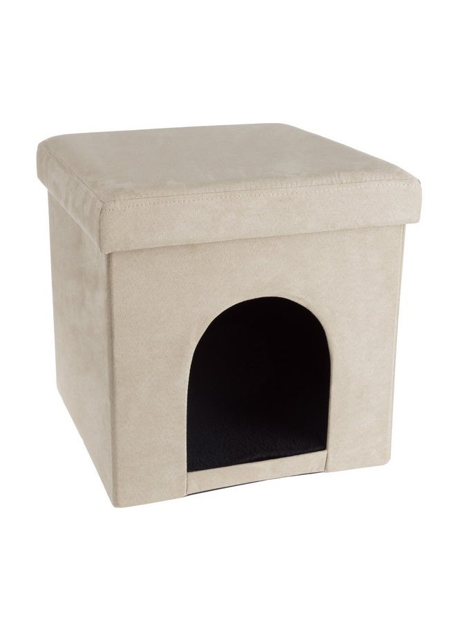 Pet House Ottoman - Collapsible Multipurpose Small Dog or Cat Bed Cube and Footrest with Cushion Top and Interior Pillow by PETMAKER (Microsuede Tan)