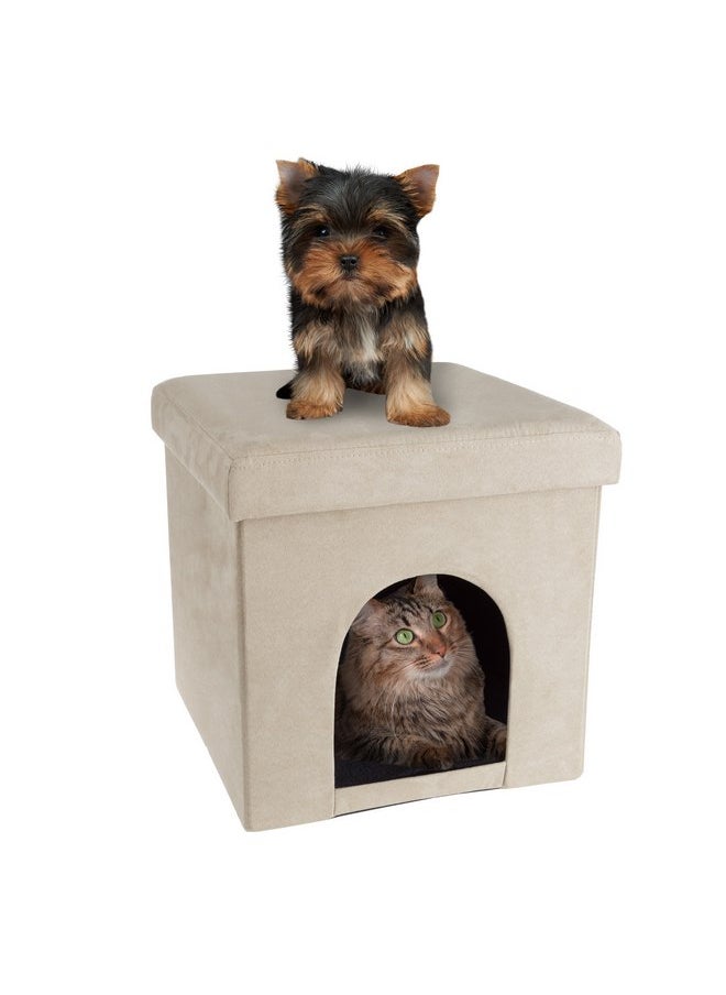 Pet House Ottoman - Collapsible Multipurpose Small Dog or Cat Bed Cube and Footrest with Cushion Top and Interior Pillow by PETMAKER (Microsuede Tan)