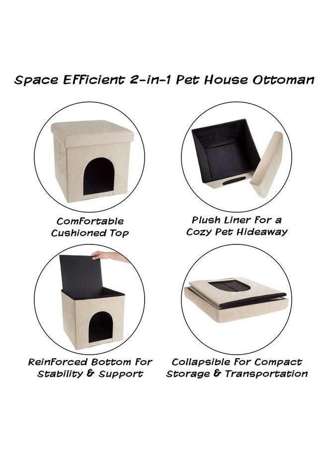 Pet House Ottoman - Collapsible Multipurpose Small Dog or Cat Bed Cube and Footrest with Cushion Top and Interior Pillow by PETMAKER (Microsuede Tan)